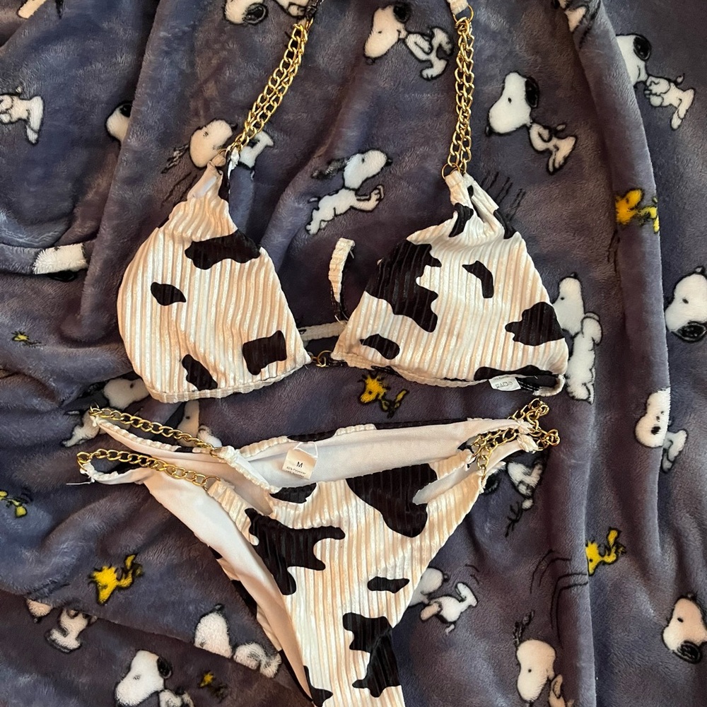Chic Cow Print Bikini with Gold Chains